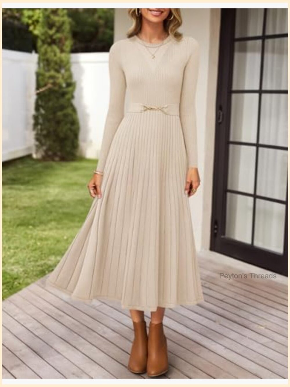 Long Sleeve Midi Sweater Dress Crewneck Knit A Line Pleated Flowy with Belt - Picture 2 of 7